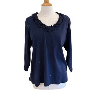 Quacker Factory Navy Blue 3/4 Sleeve Sweater Ruffle Trim Rhinestones 2X